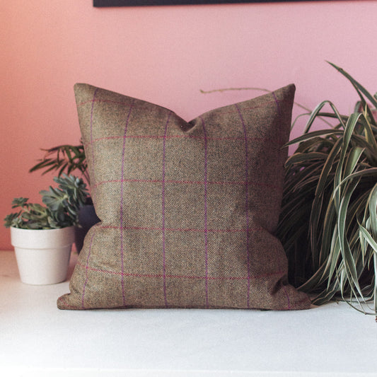 Herringbone Khaki with Pink and Red Check - Handmade in Yorkshire by F&B - Tweed cushions are the perfect accessory for any country home decor, farmhouse decor and country abodes