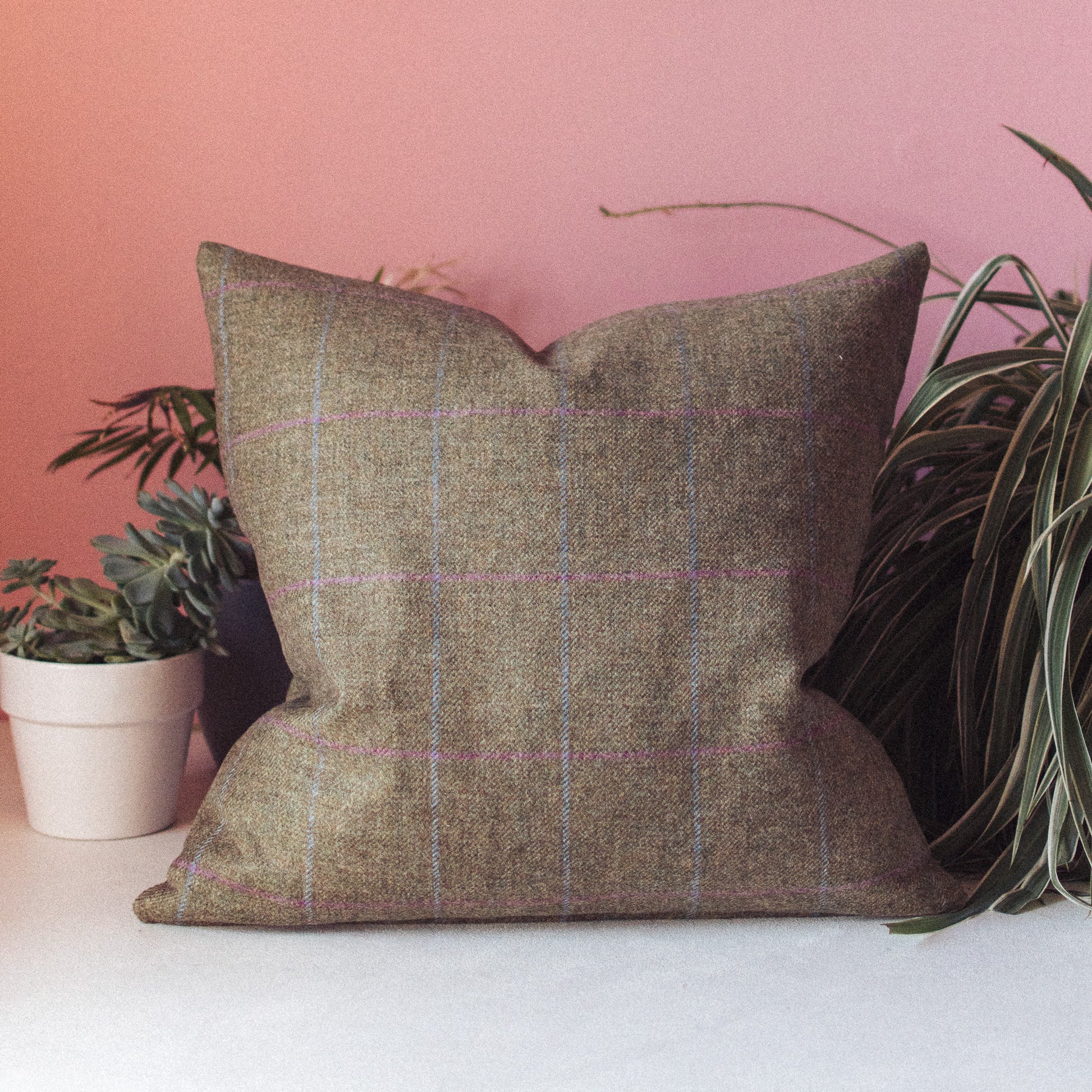 Green Light Blue and Pink Tweed Cushion handmade in yorkshire by F&B - the ideal cushion for country home decor, country abodes and farm house decor