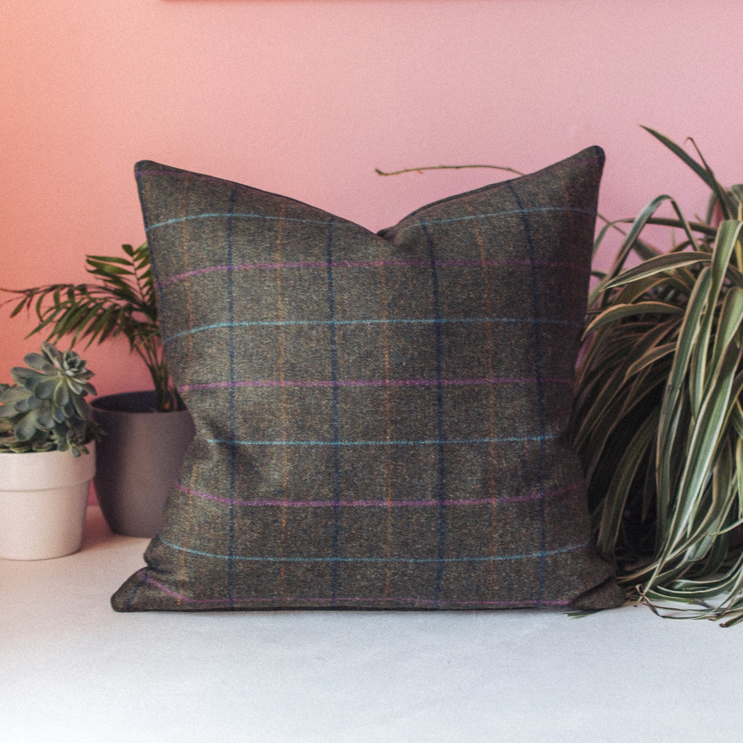 F&B Crafts Lasklill Tweed Cushion - Moss Green with Navy, Light Blue, Orange and Pink colour checks - Handmade in Malton Yorkshire