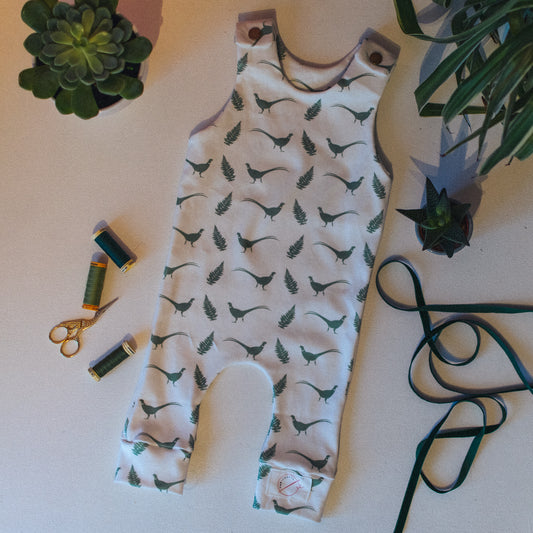F&B Crafts - Pheasant and Fern Print Green Baby Romper Handmade in Malton
