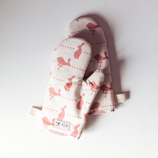 Pair of Pink Hare & Dots Print Oven Gloves