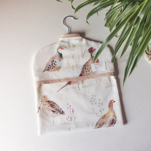 Watercolour Game Birds Print Peg Bag Handmade in Yorkshire by F&B Crafts