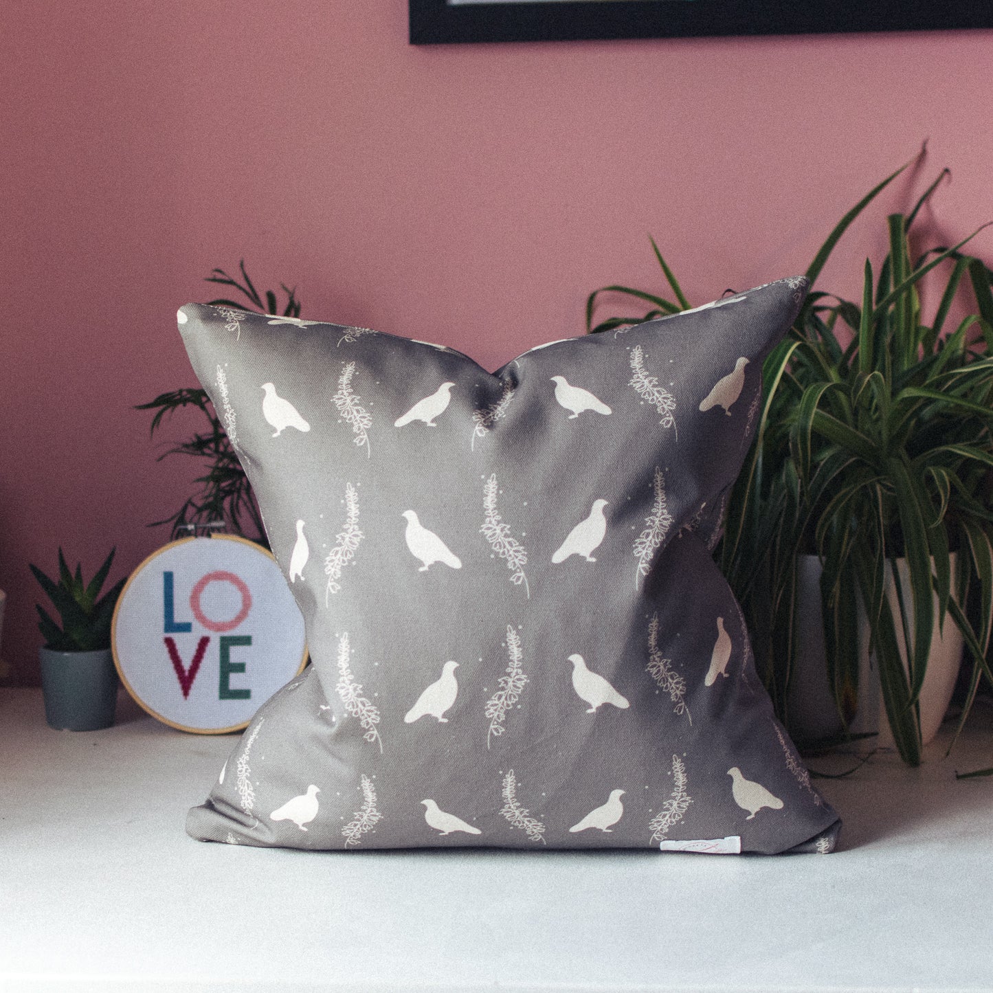 F&B Crafts Grouse & Heather Print Duck Feather Cushions in Manor Grey - Handmade in Yorkshire