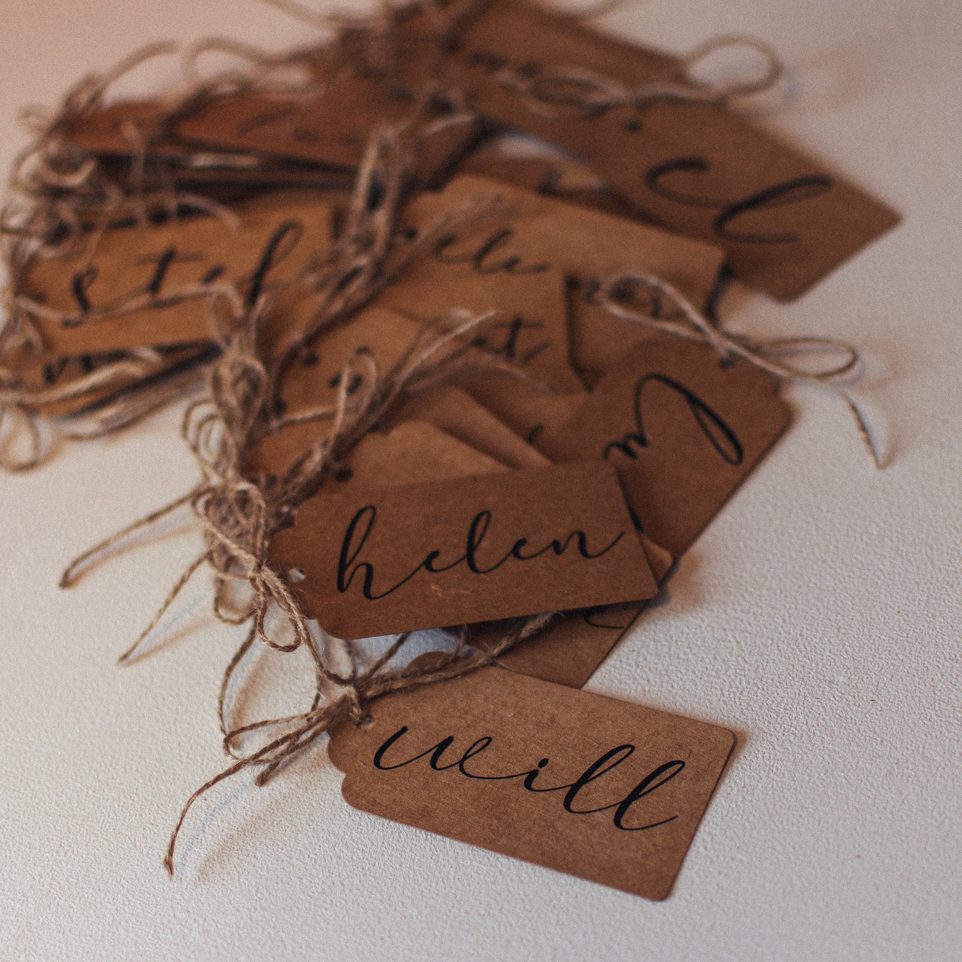 Helen and Will Rustic Wedding Decorations - Place Names - Craft Card and Twine