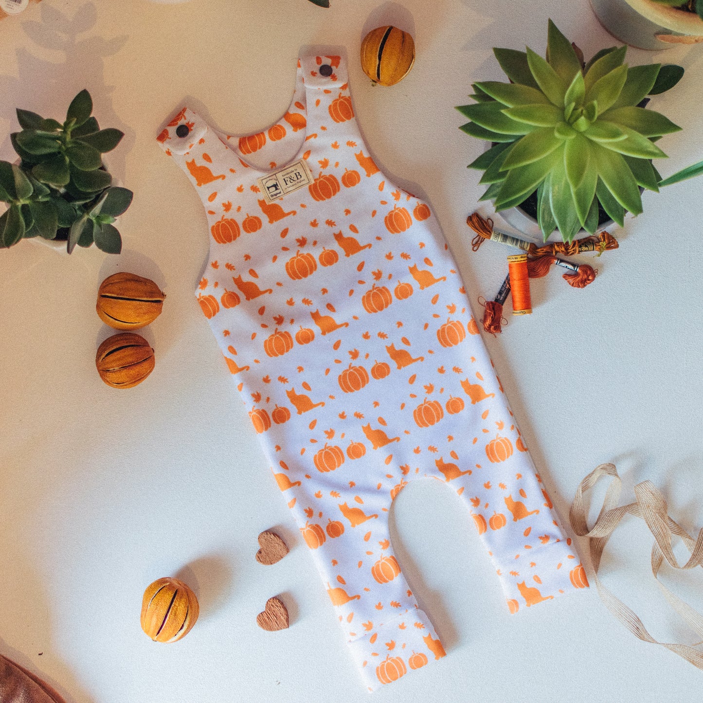 F&B Crafts Halloween Baby Romper Featuring Pumpkins Cats and Fall Leaves - Designed and Made in yorkshire by F&B