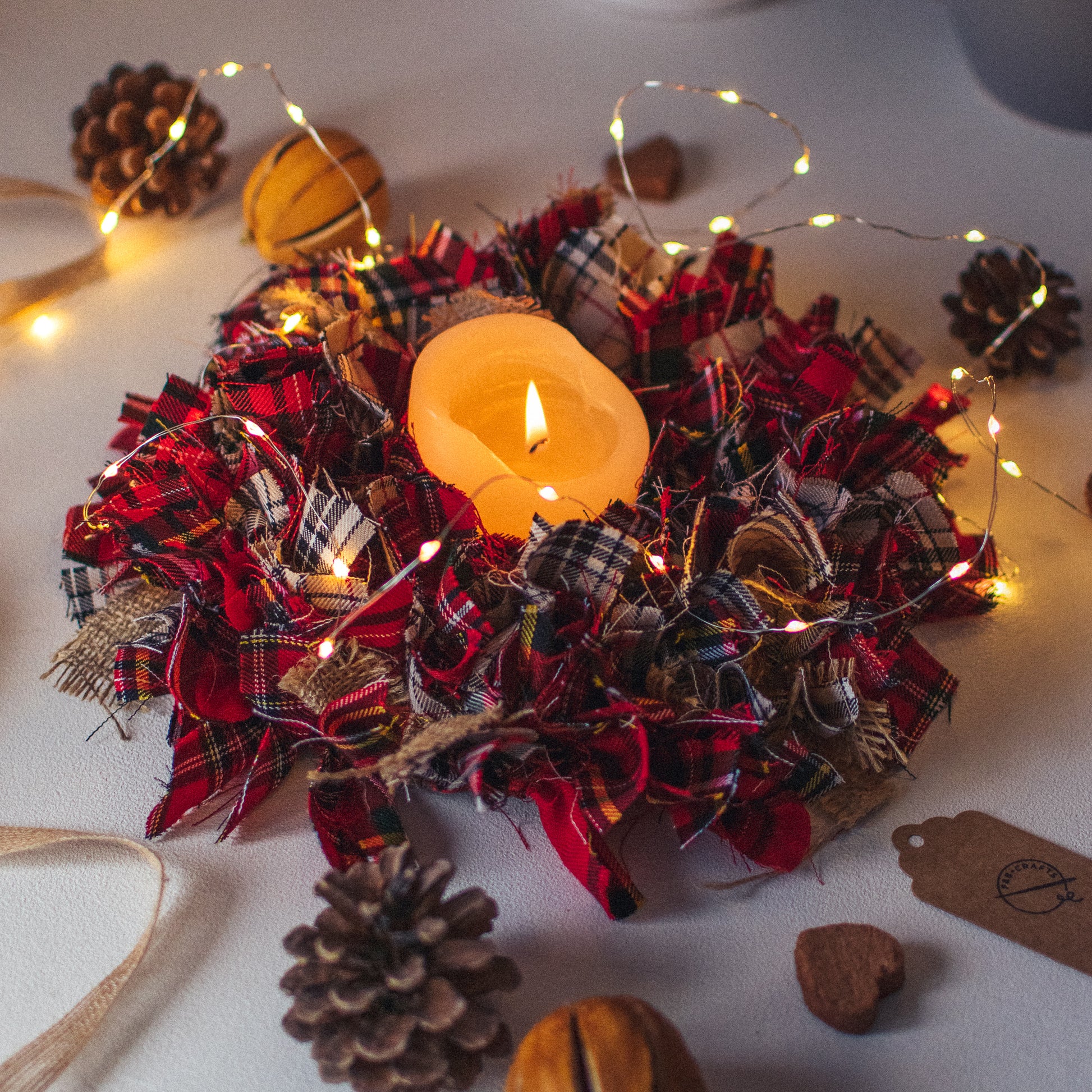 Red Tartan Table Centre Piece - Rag Wreath Christmas Home Decor Shabby Chic