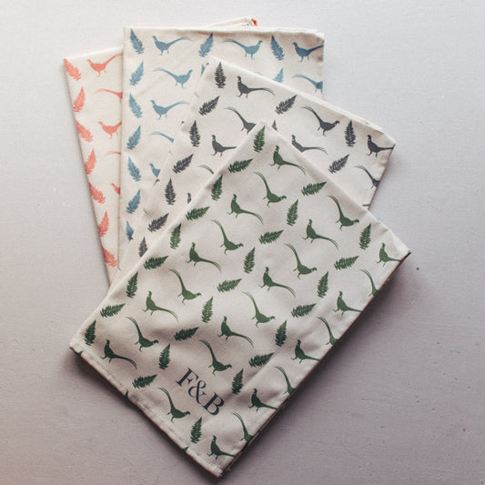 Pheasant Print Tea Towels - Game Bird Kitchenware - Green, Grey, Blue & Pink Tea Towels by F&B