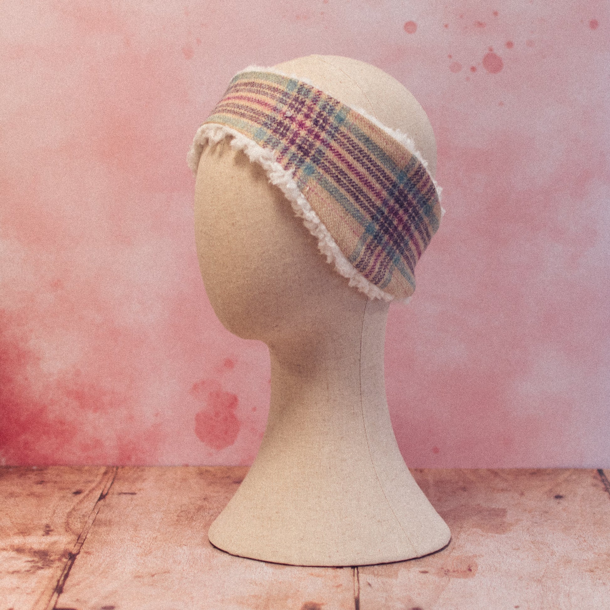 F&B crafts linnet tweed headwarmer featuring cream, light blue, pink and purple check