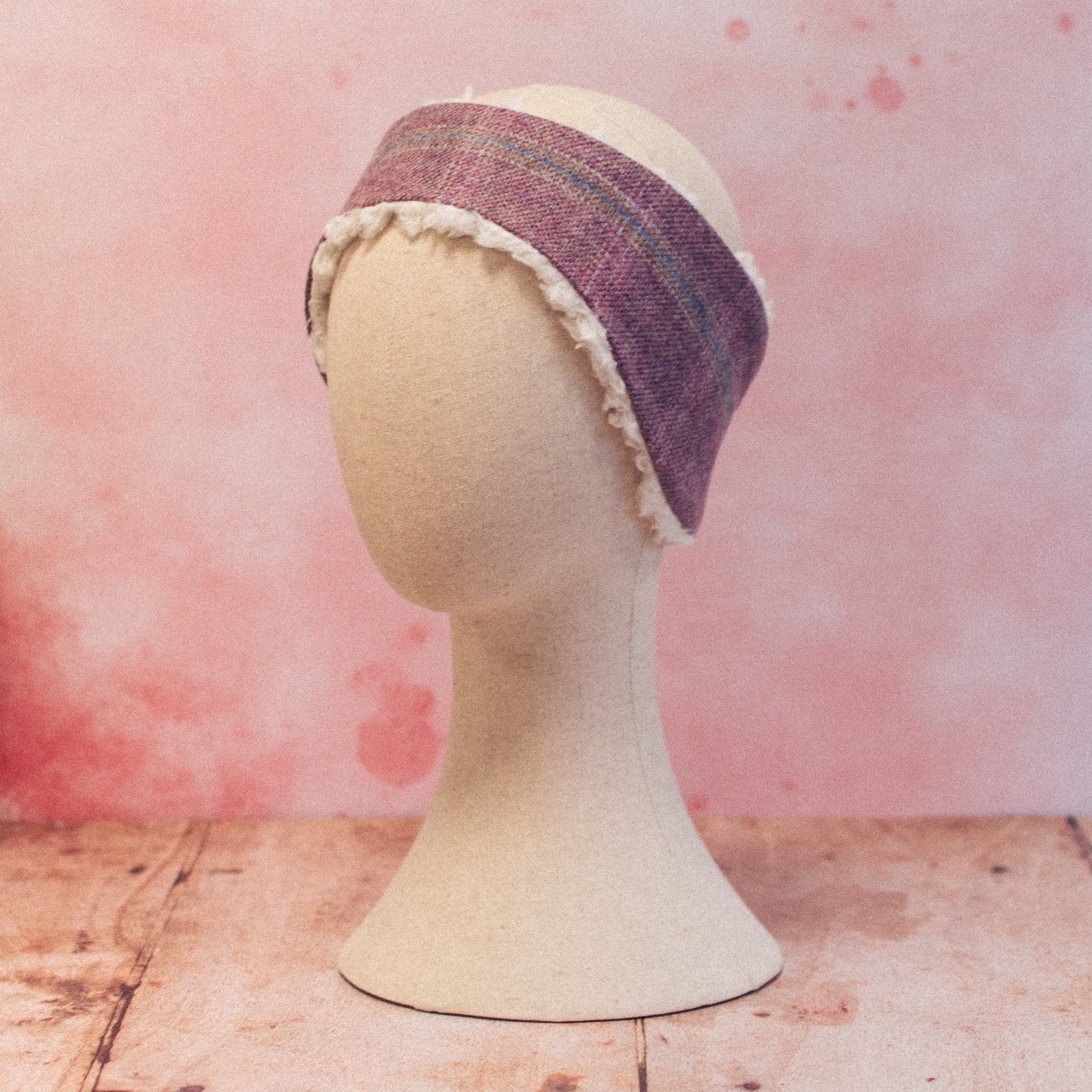 F&B crafts - rosefinch tweed headwarmer pink and light blue check head warmer