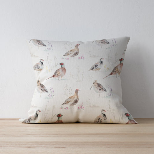 Gamebirds watercolour print fabric cushion - handmade by F&B featuring pheasants, partridge, red grouse and snipe