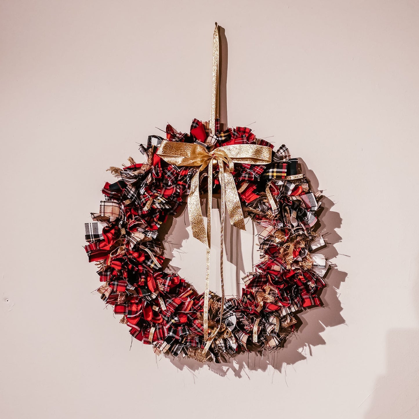 Christmas Wreath - Fabric Wreath - Red and Gold Wreath - Tartan and Burlap - Christmas Decorations - Handmade Christmas