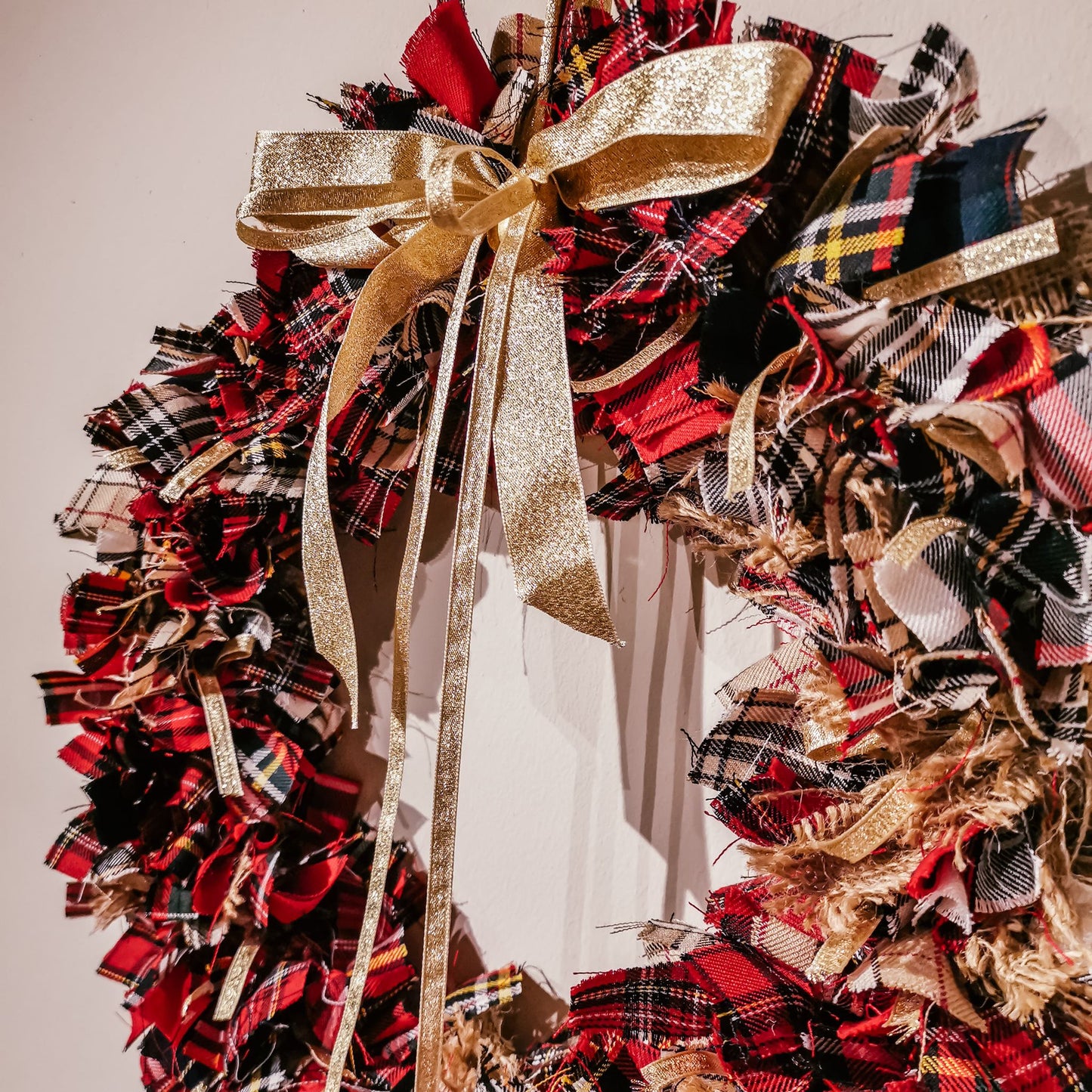 Red Gold Tartan and Hessian Wreath - Handmade by F&B in Yorkshire