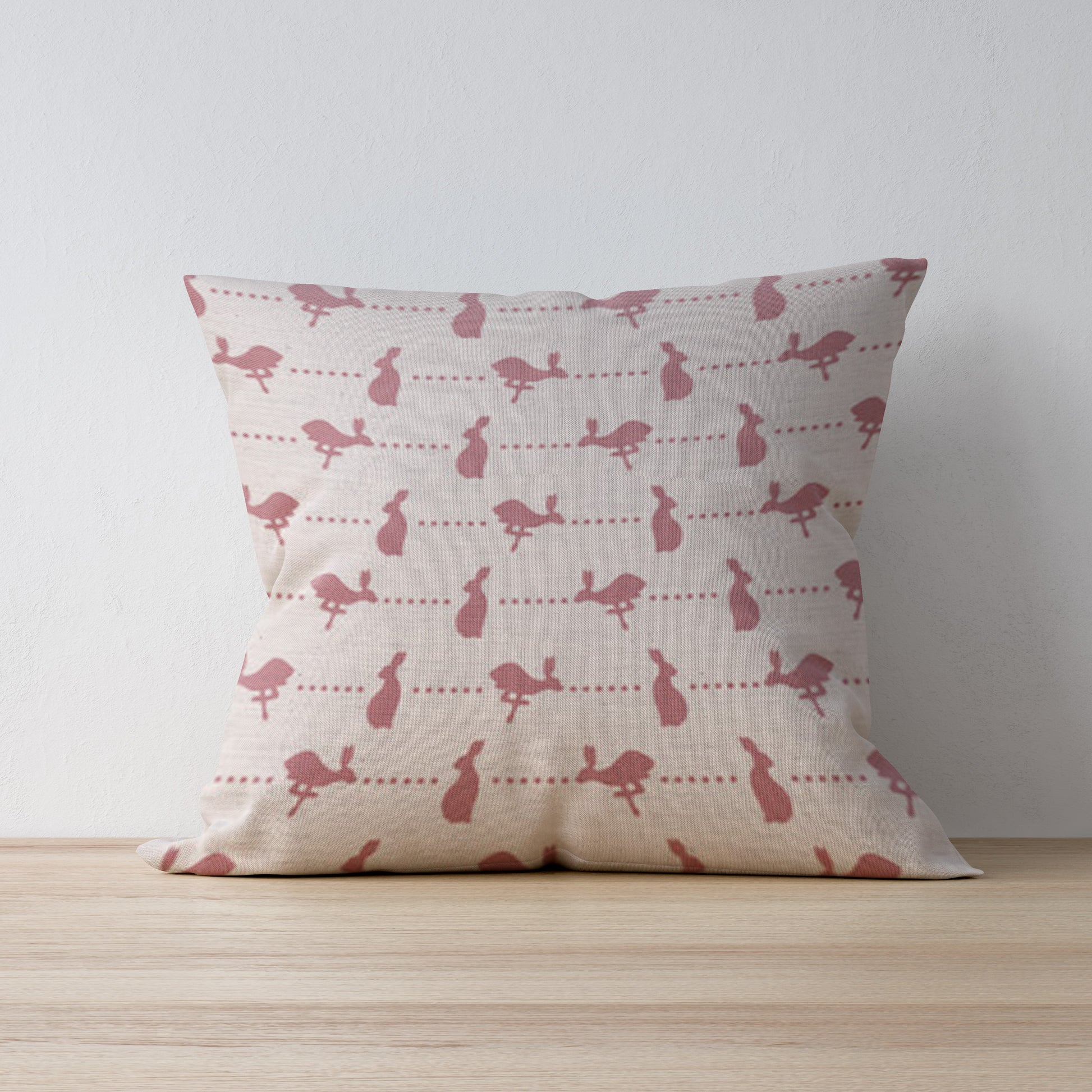 Pink Hare & Dots Linen Cushion on unbleached linen, designed and made by F&B in Yorkshire - Country Living Country Home Decor
