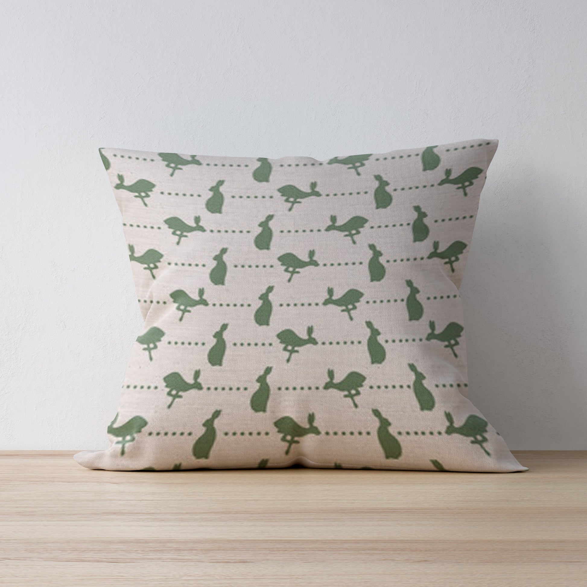 Dark green hare and dot print linen cushion - handmade in yorkshire by F&B - country abodes - country homes
