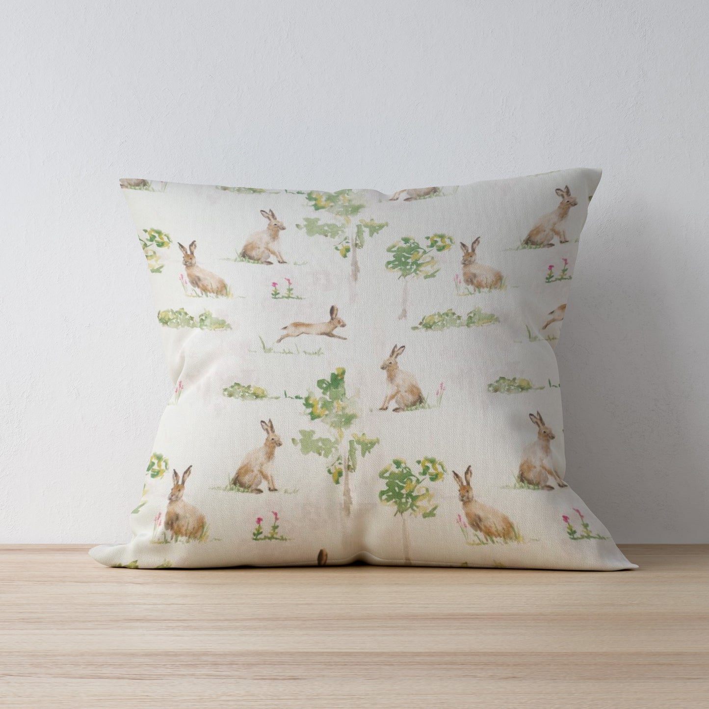 Watercolour hares and trees fabric cushion make in Yorkshire - F&B Crafts Country Home Decor