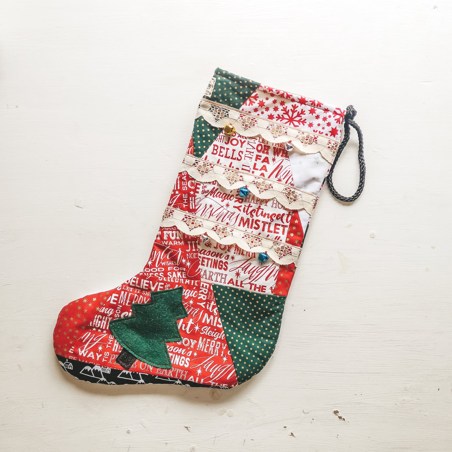 Patchwork Christmas Stocking with lace and love hearts by F&B