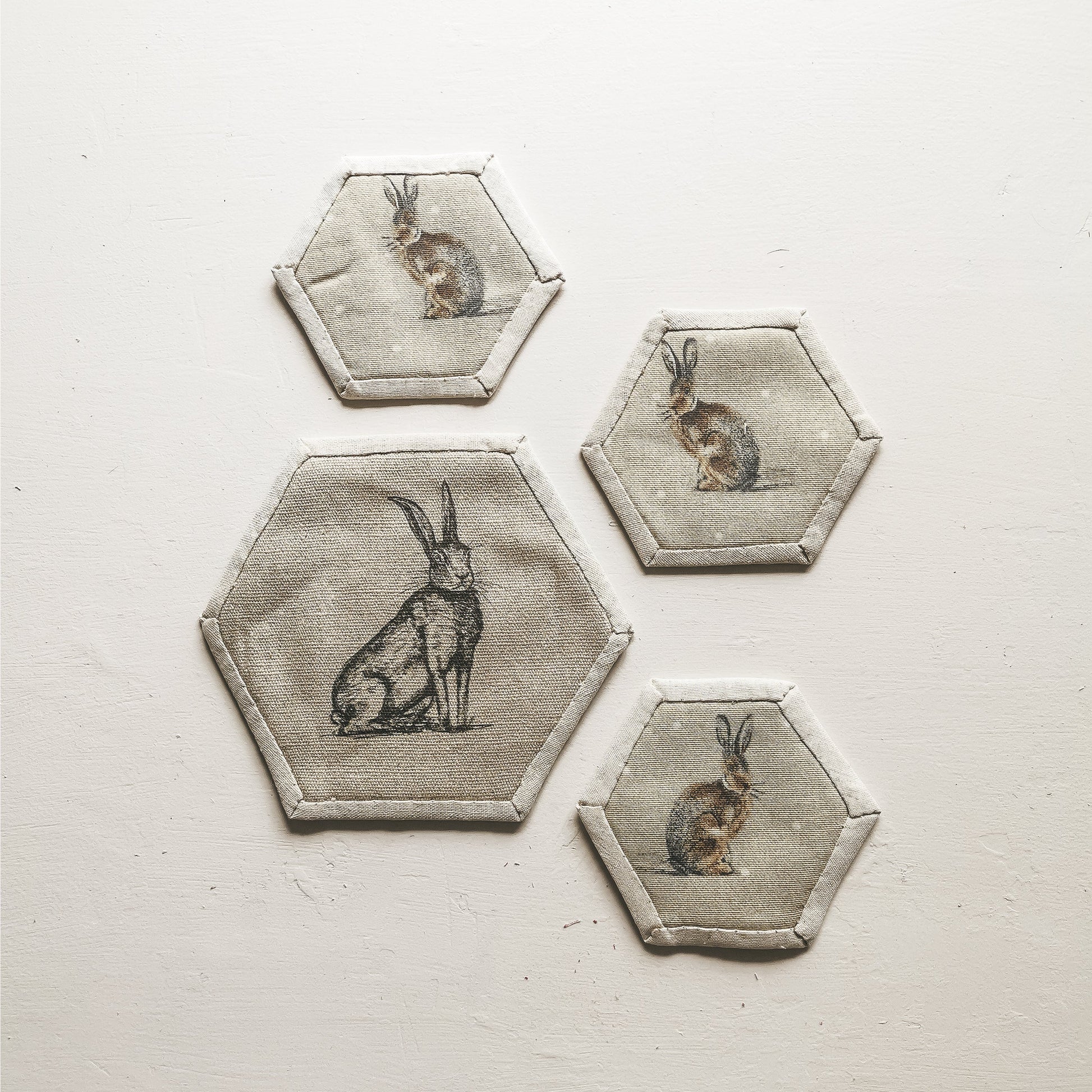 Hare Print Coasters handmade by F&B - saving waste and looking cute in your home