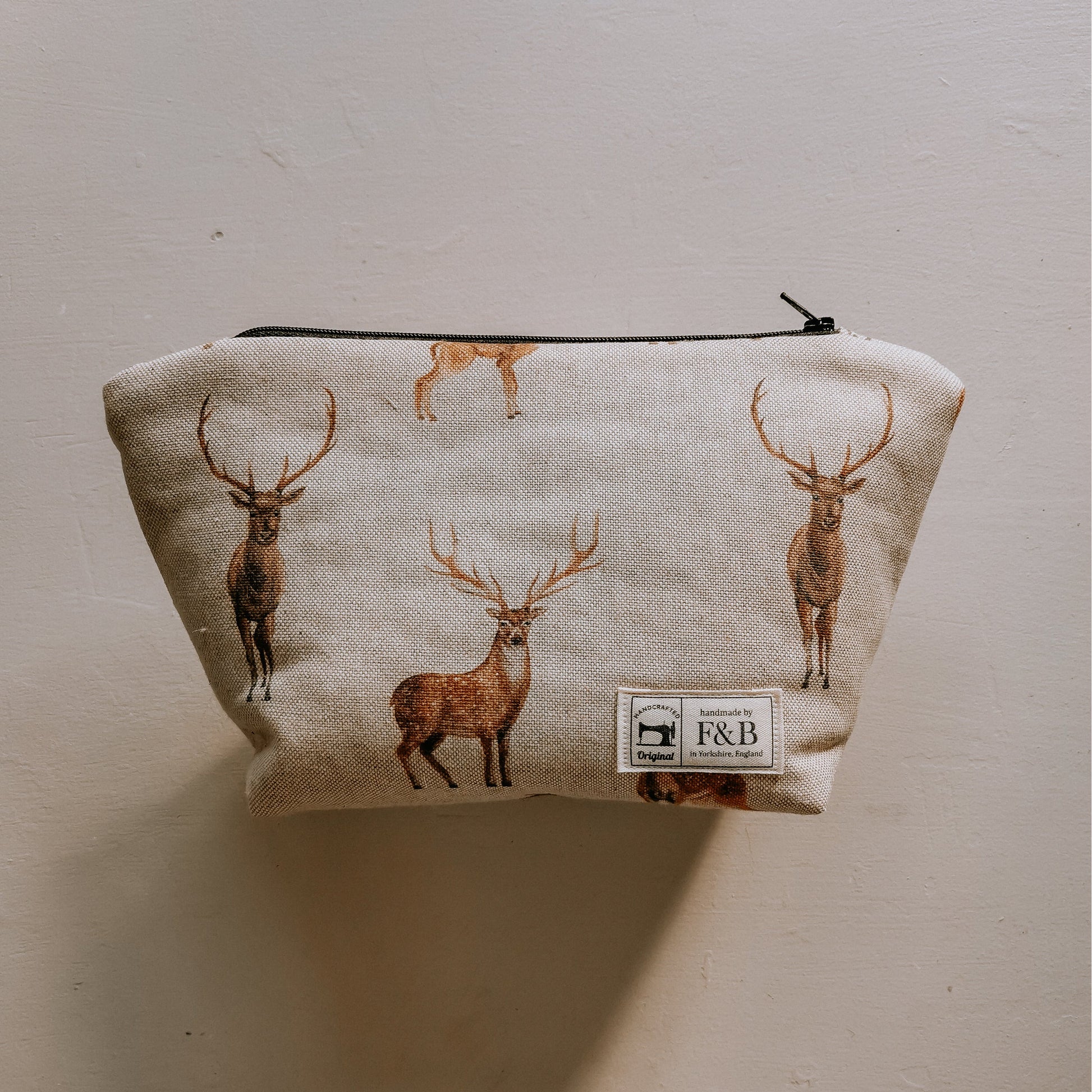 Deer Print washbags featuring doe, stags and fawns on a lovely linen fabric - handmade by F&B in Yorkshire