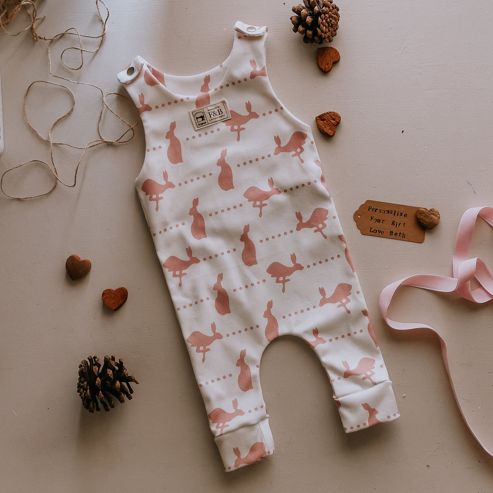 F&B childrens country clothing - baby romper in organic fabric featuring hares and dots