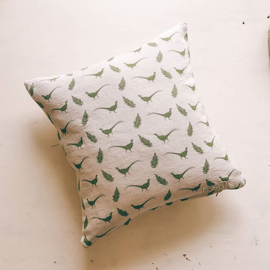 Pheasant and Fern Print Cushion in Hovingham Green - Inspired by Yorkshire, Designed and Made by us F&B