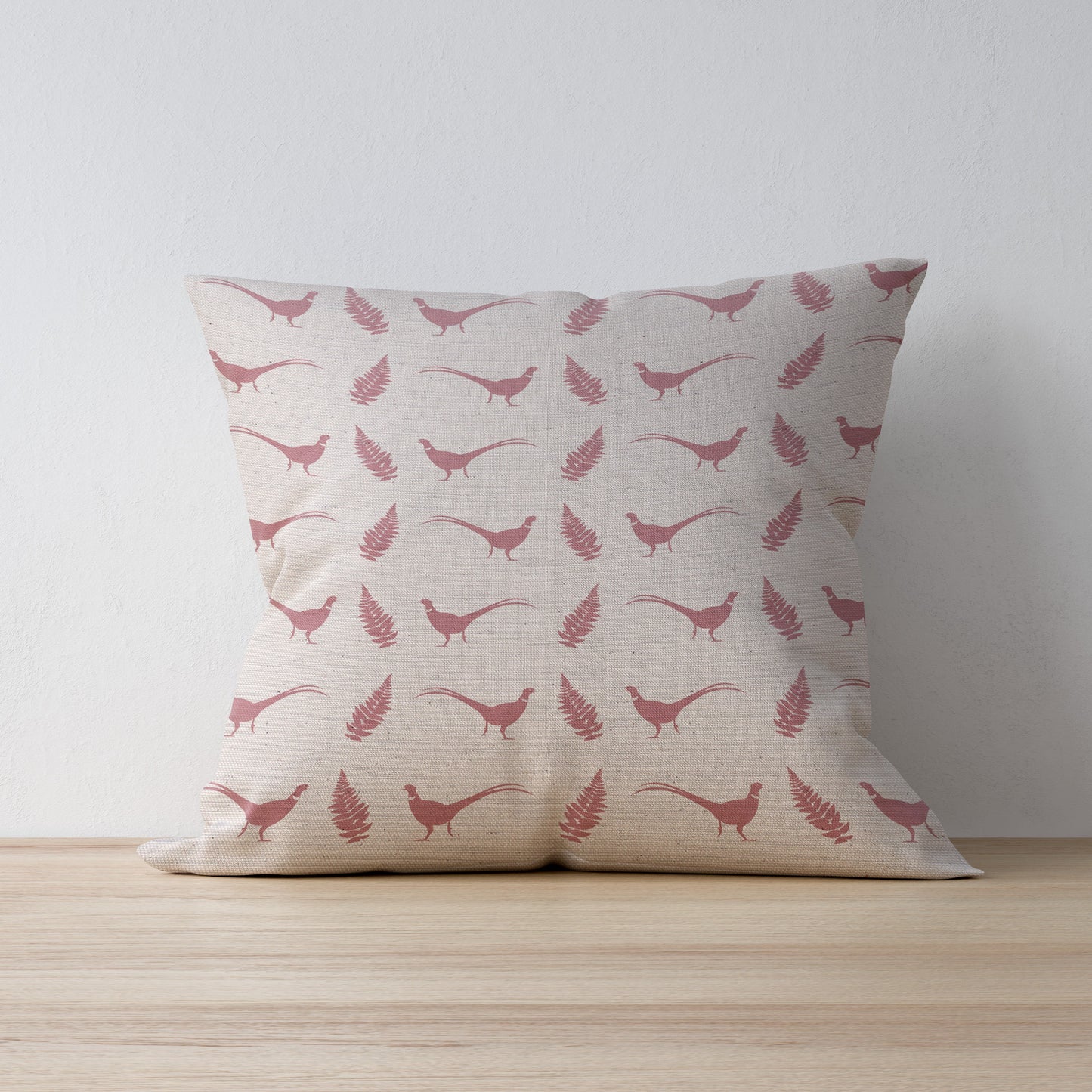 Blush Rose Pheasant and Fern Leaf Print Cushion - Inspired by Yorkshire and Made in North Yorkshire by F&B