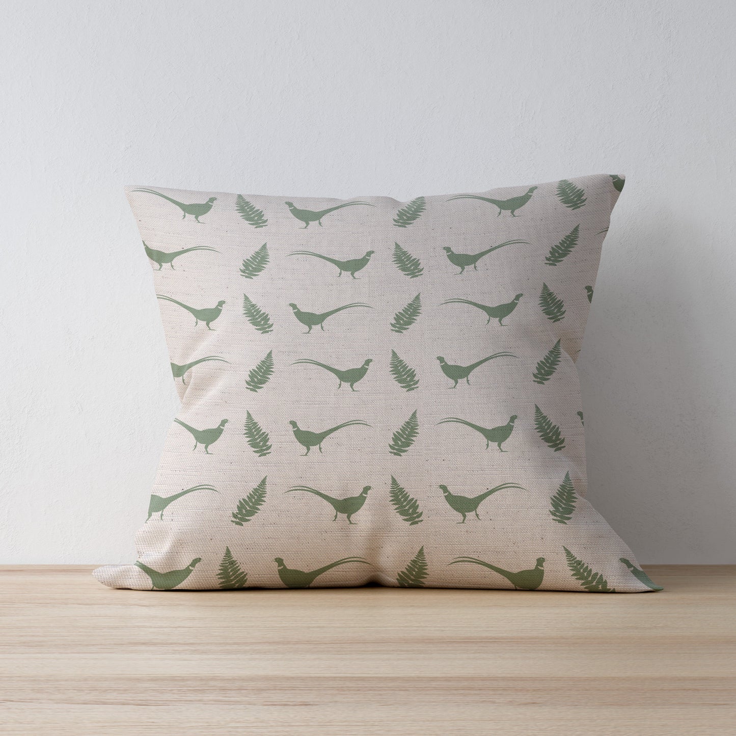 Hovingham Green Cushion available in Duck Feather or Hollowfibre featuring Pheasants and Fern Leaves - Designed and Made by F&B