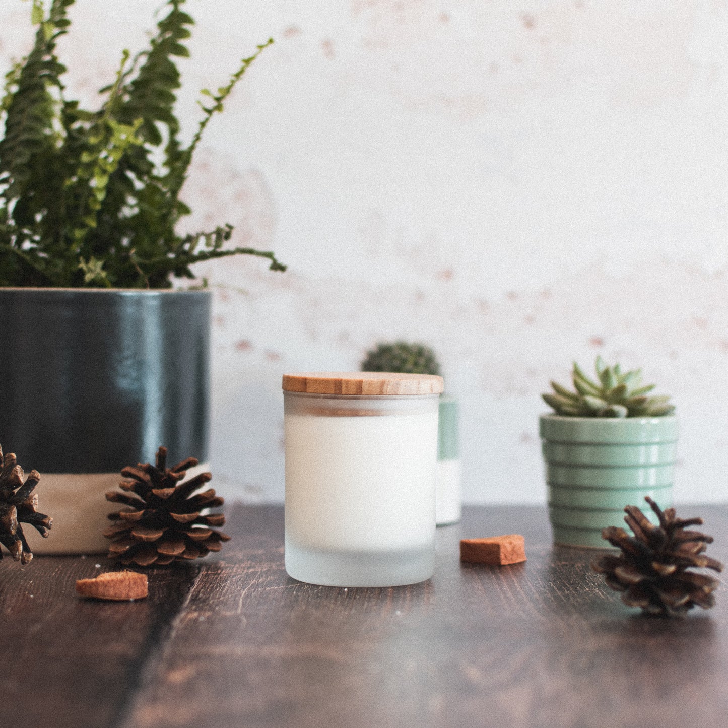 Frosted glass and bamboo 28 hour natural essential oil candle from the little fern co